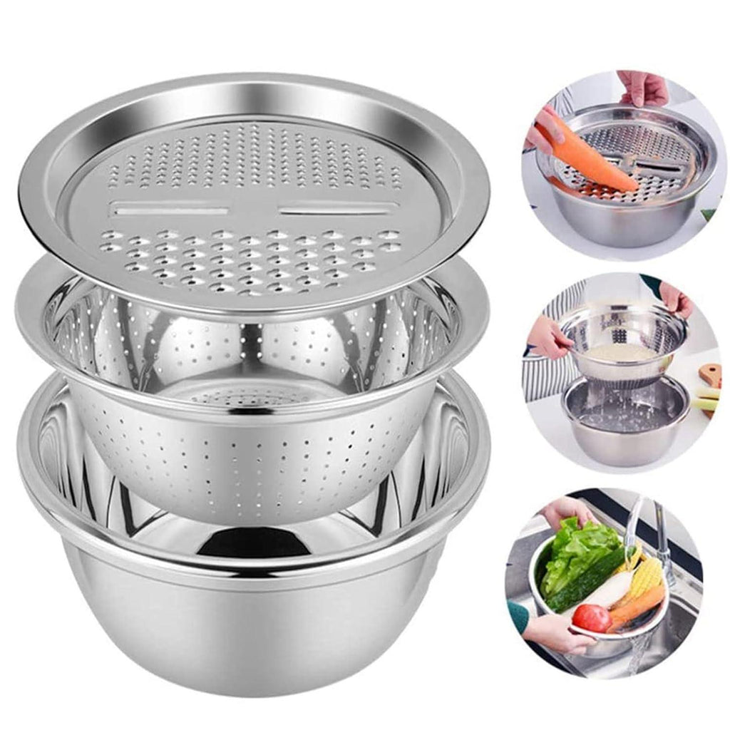 TriServe™ 3-in-1 Stainless Steel Grater & Colander Basin Set