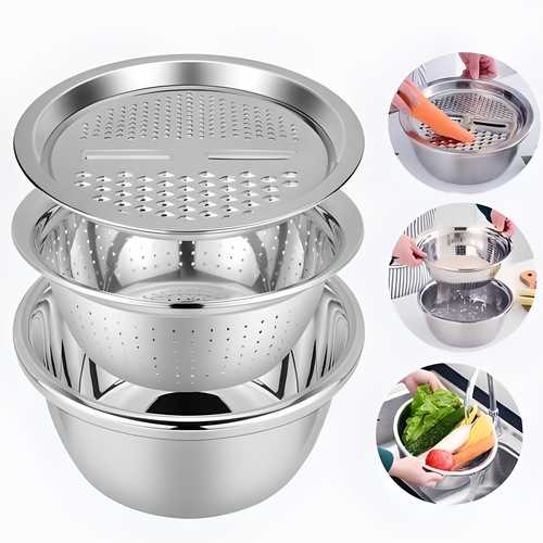 TriServe™ 3-in-1 Stainless Steel Grater & Colander Basin Set